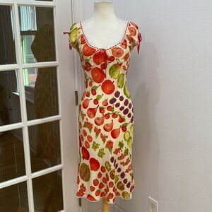 Vintage 90s Y2K 🍒🍓🍇🍊Betsey Johnson White Silk Milkmaid Fruit Dress, Size 4